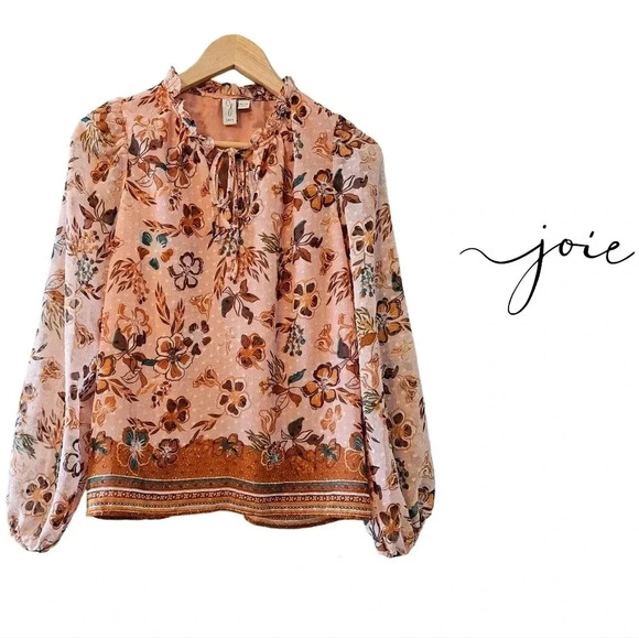 Joie Peach Floral Bohemian Peasant Chiffon Swiss Dot  Ruffle Top Tie Blouse XS. - Picture 2 of 16
